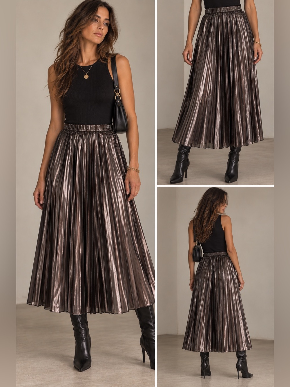 🩶 On-Trend FW2026🩶
Silence + Noise- Metallic, Sheer, Midi, Pleated Skirt